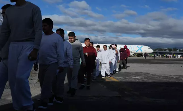 FILE - Guatemalans deported from the U.S. arrive at La Aurora airport in Guatemala City, Dec. 30, 2025, after deplaning a repatriation flight. (AP Photo/Moises Castillo, File)
