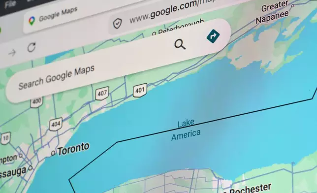 In the photo of a computer screen, a Google map showing Lake Ontario renamed as Lake America is seen Sunday, Aug. 30, 2026, in St. Louis. (AP Photo/Jeff Roberson)