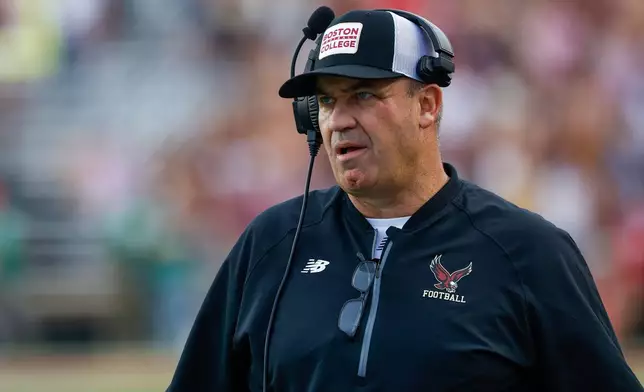 FILE - Boston College head coach Bill O'Brien reacts during the second half of an NCAA football game against California on Saturday, Sept. 27, 2025, in Chestnut Hill, Mass. (AP Photo/Greg M. Cooper)