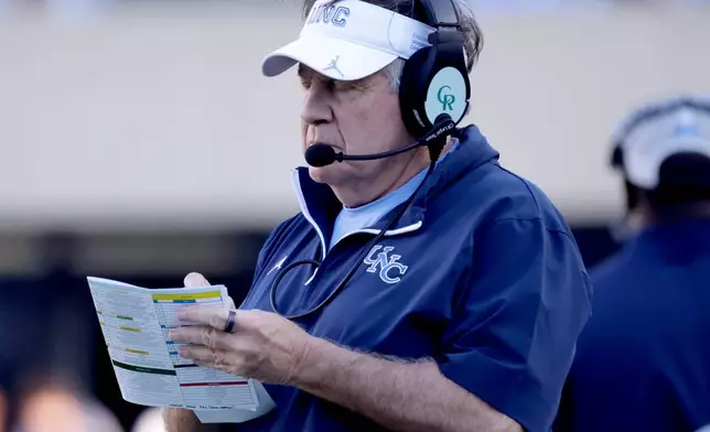 FILE - North Carolina head coach Bill Belichick on the sidelines during the first half of an NCAA college football game against Duke, Saturday, Nov. 22, 2025, in Chapel Hill, N.C. (AP Photo/Chris Seward, File)