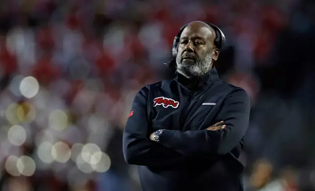 FILE - Maryland head coach Mike Locksley reacts during the second half of an NCAA college football game against Rutgers, Saturday, Nov. 8, 2025, in Piscataway, N.J. (AP Photo/Adam Hunger, File)