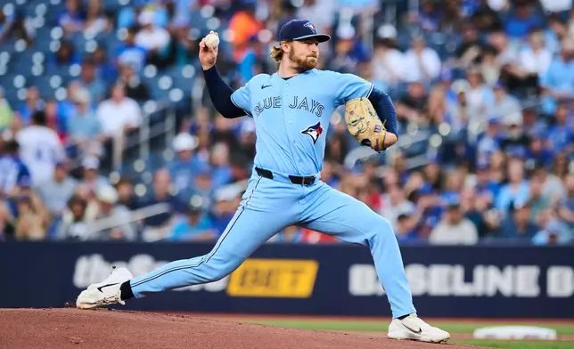Toronto Blue Jays pitcher Spencer Miles works against the Kansas City Royals during the first inning of a baseball game in Toronto, Wednesday, Aug. 26, 2026. (Sammy Kogan/The Canadian Press via AP)