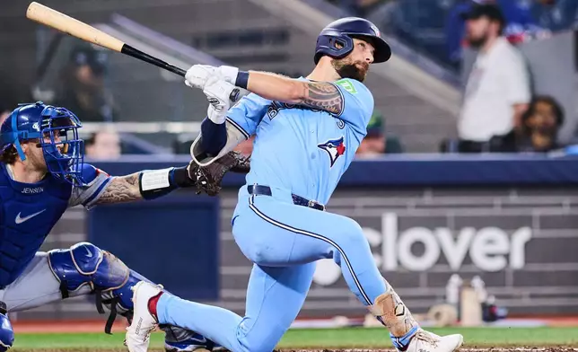 Toronto Blue Jays' Nathan Lukes (38) hits a three-run home run against the Kansas City Royals during the fourth inning of a baseball game in Toronto, Wednesday, Aug. 26, 2026. (Sammy Kogan/The Canadian Press via AP)