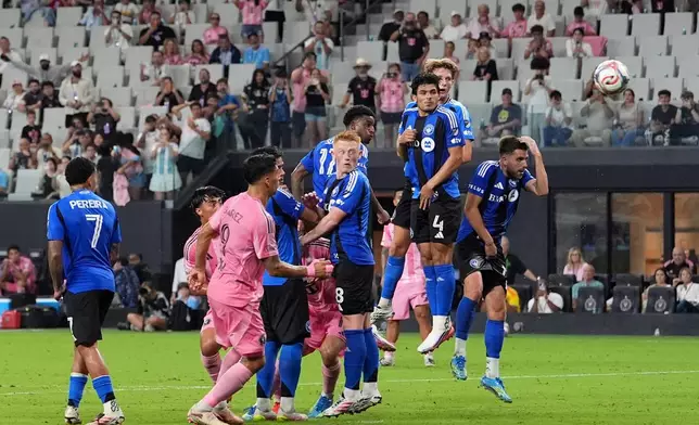 CF Montreal defenders watch as a free kick by Inter Miami forward Lionel Messi, not pictured, sails past them to score the side's seventh goal in stoppage time and end their MLS soccer match, Saturday, Aug. 29, 2026, in Miami. (AP Photo/Rebecca Blackwell)