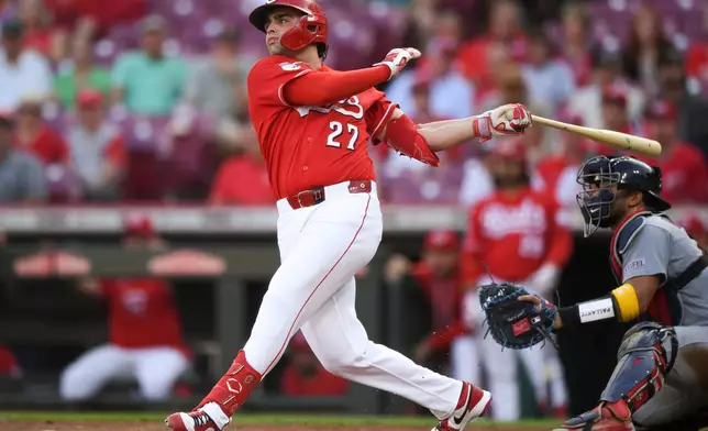 Cincinnati Reds' Sal Stewart watches his single during the first inning of the second game of a baseball doubleheader against the St. Louis Cardinals, Monday, Aug. 17, 2026, in Cincinnati. (AP Photo/Tanner Pearson)