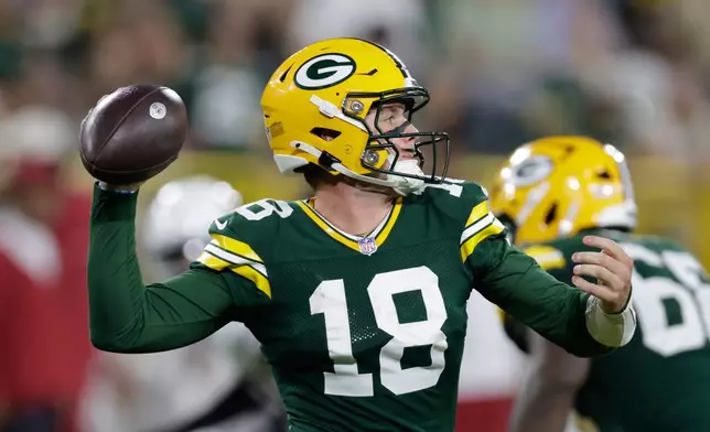 Green Bay Packers' Kyle McCord throws during the second half of a preseason NFL football game against the Arizona Cardinals Friday, Aug. 28, 2026, in Green Bay, Wis. (AP Photo/Matt Ludtke)