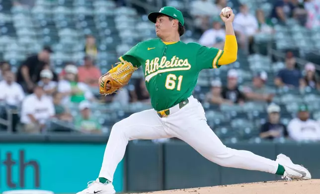 Athletics pitcher Gage Jump throws to the Texas Rangers during the first inning of a baseball game Friday, Aug. 14, 2026, in West Sacramento, Calif. (AP Photo/Sara Nevis)