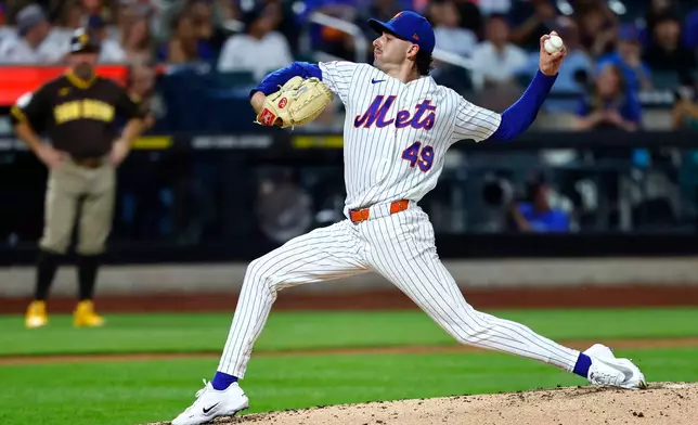 New York Mets pitcher Zac Thornton throws against the San Diego Padres during the third inning of a baseball game, Tuesday, Aug. 18, 2026, in New York. (AP Photo/Noah K. Murray)