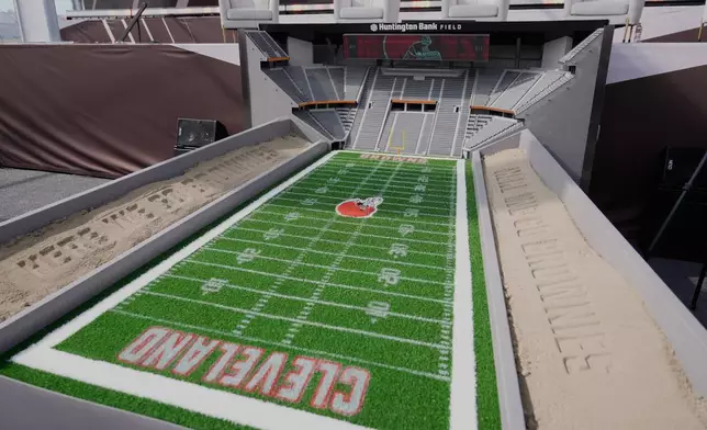 FILE - A model of the new Cleveland Browns stadium, minus the dome, is displayed before groundbreaking ceremonies in Brook Park, Ohio, April 30, 2026. (AP Photo/Sue Ogrocki, File)