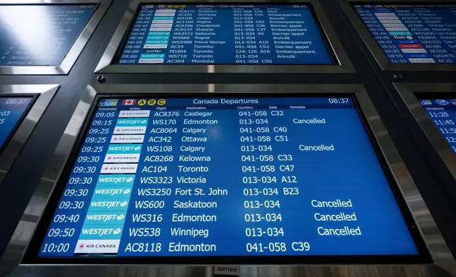 WestJet flights are pictured cancelled on an information board at Vancouver International Airport in Richmond, British Columbia, Sunday, Aug. 2, 2026. (Ethan Cairns/The Canadian Press via AP)