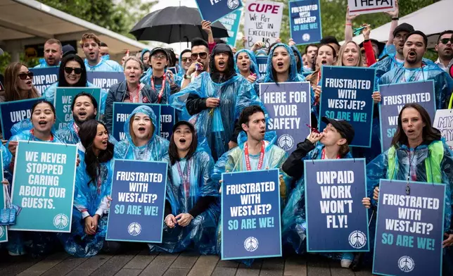 WestJet flight attendants strike at Vancouver International Airport in Richmond, British Columbia, Sunday, Aug. 2, 2026. (Ethan Cairns/The Canadian Press via AP)