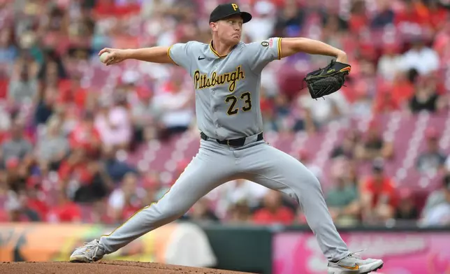 Pittsburgh Pirates' Mitch Keller pitches during the first inning of a baseball game against the Cincinnati Reds in Cincinnati, Sunday, Aug. 2, 2026. (AP Photo/Tanner Pearson)
