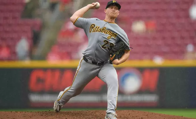 Pittsburgh Pirates' Mitch Keller pitches during the third inning of a baseball game against the Cincinnati Reds in Cincinnati, Sunday, Aug. 2, 2026. (AP Photo/Tanner Pearson)