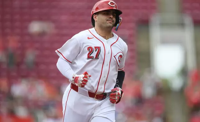 Cincinnati Reds' Sal Stewart rounds the bases after hitting a solo home run during the first inning of a baseball game against the Pittsburgh Pirates in Cincinnati, Sunday, Aug. 2, 2026. (AP Photo/Tanner Pearson)