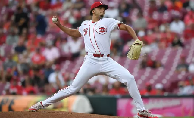 Cincinnati Reds' Chase Burns pitches during the first inning of a baseball game against the Pittsburgh Pirates in Cincinnati, Sunday, Aug. 2, 2026. (AP Photo/Tanner Pearson)