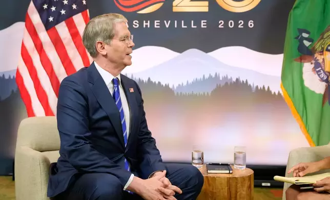 Treasury Secretary Scott Bessent speaks during an interview with The Associated Press in Asheville, N.C., Sunday, Aug. 30, 2026. (AP Photo/Gerald Herbert)
