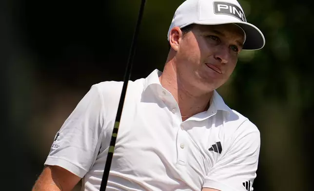 Matt McCarty hits from the fifth tee during the first round of the St. Jude Championship golf tournament, Thursday, Aug. 13, 2026, in Memphis, Tenn. (AP Photo/George Walker IV)