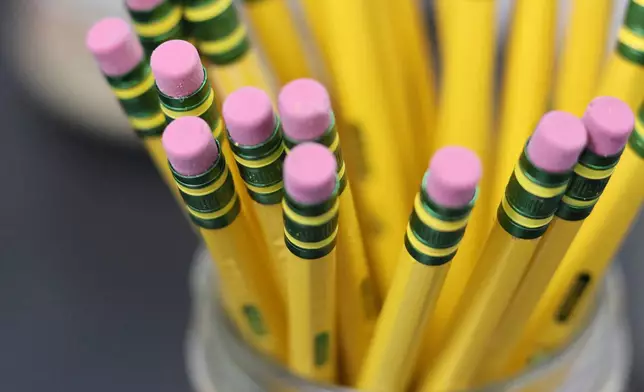 An elementary classroom is stocked with school supplies at BASIS Flagstaff on Thursday, Aug. 6, 2026, in Flagstaff, Ariz. (AP Photo/Cheyanne Mumphrey)