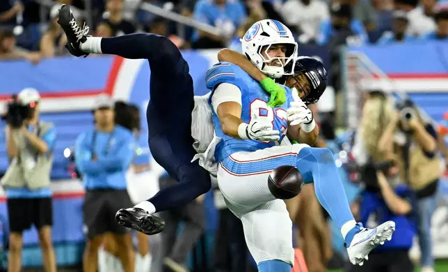 Seattle Seahawks cornerback Jordan Washington, rear, breaks up a pass intended for Tennessee Titans tight end Joel Wilson (83) during the second half of a preseason NFL football game, Sunday, Aug. 23, 2026, in Nashville, Tenn. (AP Photo/John Amis)