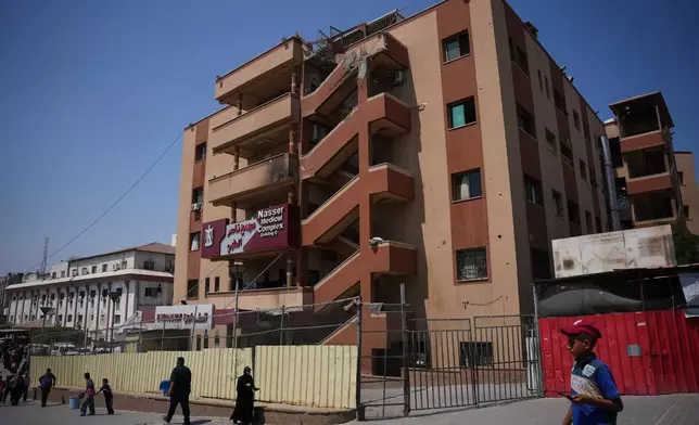 The Nasser Hospital building, which was hit by an Israeli strike on Aug. 25, 2025, killing journalists Mariam Dagga and Hussam al-Masri, among others, is seen in Khan Younis, Gaza Strip, Aug. 16, 2026. (AP Photo/Abdel Kareem Hana)