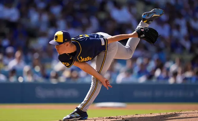 Milwaukee Brewers starting pitcher Jacob Misiorowski throws to the plate during the first inning of a baseball game against the Los Angeles Dodgers, Saturday, Aug. 15, 2026, in Los Angeles. (AP Photo/Mark J. Terrill)