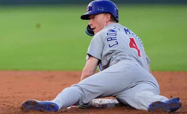 Chicago Cubs' Pete Crow-Armstrong steals second base during the second inning of a baseball game against the Kansas City Royals, Friday, Aug. 7, 2026, in Kansas City, Mo. (AP Photo/Charlie Riedel)