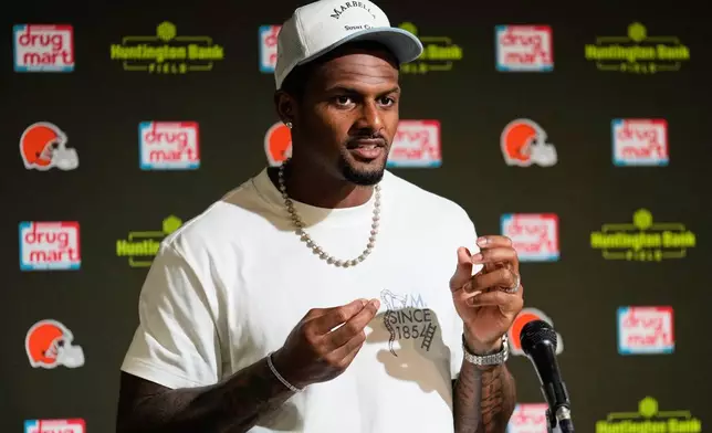 Cleveland Browns quarterback Deshaun Watson speaks at a press conference after an NFL preseason football game against the Buffalo Bills, Saturday, Aug. 22, 2026, in Cleveland. (AP Photo/Carolyn Kaster)