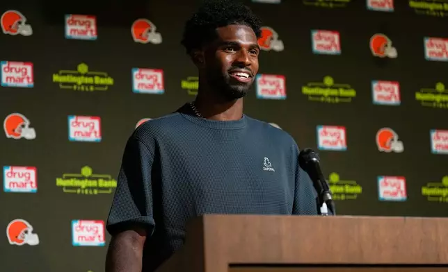 Cleveland Browns quarterback Shedeur Sanders speaks during a press conference after an NFL preseason football game against the Buffalo Bills, Saturday, Aug. 22, 2026, in Cleveland. (AP Photo/Carolyn Kaster)