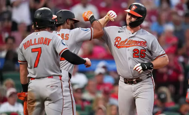 Baltimore Orioles' Pete Alonso (25) is congratulated by teammates Leody Taveras and Jackson Holliday (7) after hitting a three-run home run during the third inning of a baseball game against the St. Louis Cardinals Tuesday, Aug. 25, 2026, in St. Louis. (AP Photo/Jeff Roberson)