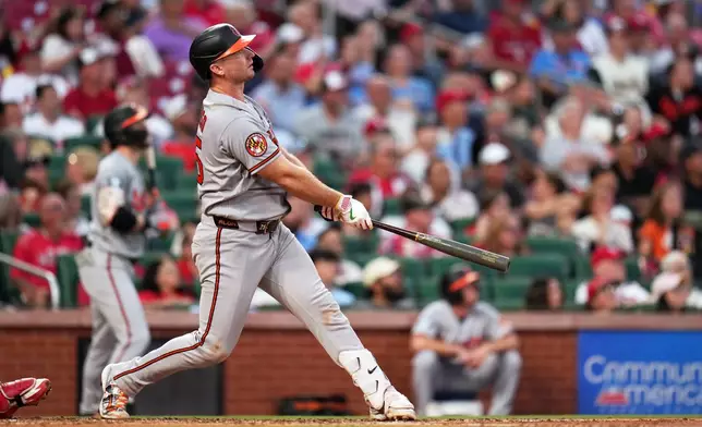Baltimore Orioles' Pete Alonso watches his three-run home run during the third inning of a baseball game against the St. Louis Cardinals Tuesday, Aug. 25, 2026, in St. Louis. (AP Photo/Jeff Roberson)