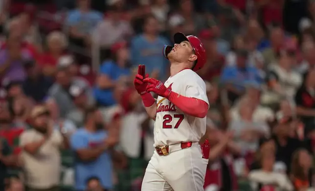 St. Louis Cardinals' Nathan Church celebrates after hitting a solo home run during the third inning of a baseball game against the Baltimore Orioles Tuesday, Aug. 25, 2026, in St. Louis. (AP Photo/Jeff Roberson)
