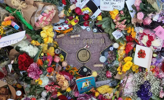 In This aerial view, flowers, notes and photos are left on Dolly Parton's star on the Hollywood Walk of Fame on Wednesday, Aug. 26, 2026, in Los Angeles. (AP Photo/Jae C. Hong)