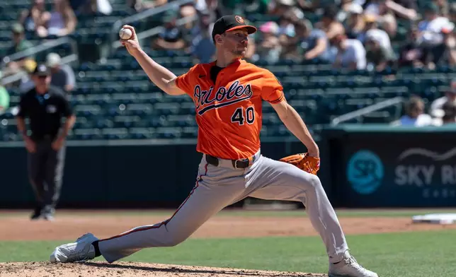Baltimore Orioles pitcher Chris Bassitt throws to the Athletics during the third inning of a baseball game Sunday, Aug. 30, 2026, in West Sacramento, Calif. (AP Photo/Sara Nevis)