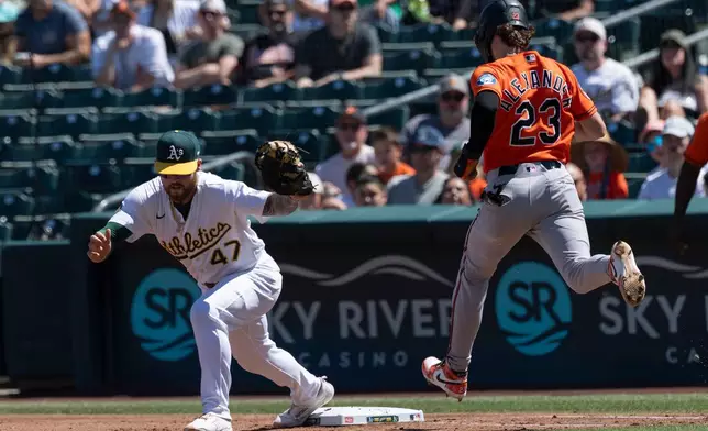 Athletics first baseman Tommy White (47) puts out Baltimore Orioles' Blaze Alexander (23) during the third inning of a baseball game Sunday, Aug. 30, 2026, in West Sacramento, Calif. (AP Photo/Sara Nevis)