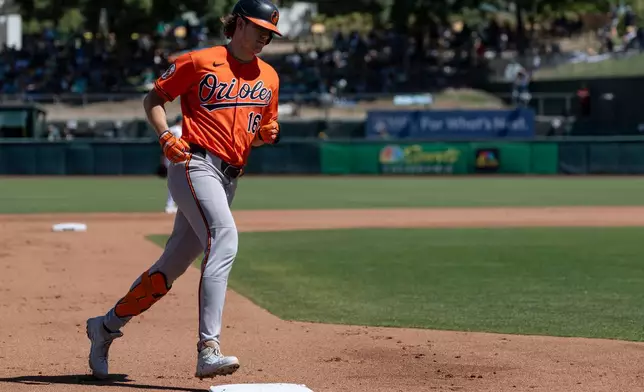 Baltimore Orioles' Coby Mayo runs the bases after hitting a three-run home run during the fourth inning of a baseball game against the Athletics, Sunday, Aug. 30, 2026, in West Sacramento, Calif. (AP Photo/Sara Nevis)