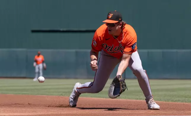 Baltimore Orioles first baseman Coby Mayo fields a ball during the first inning of a baseball game against the Athletics, Sunday, Aug. 30, 2026, in West Sacramento, Calif. (AP Photo/Sara Nevis)