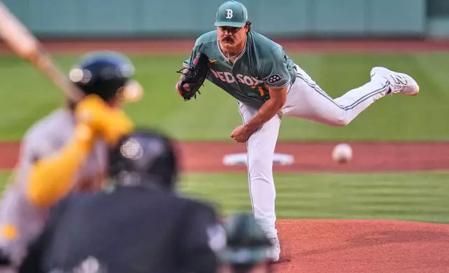Boston Red Sox starting pitcher Payton Tolle delivers during the first inning of a baseball game against the Athletics, Friday, Aug. 7, 2026, in Boston. (AP Photo/Charles Krupa)