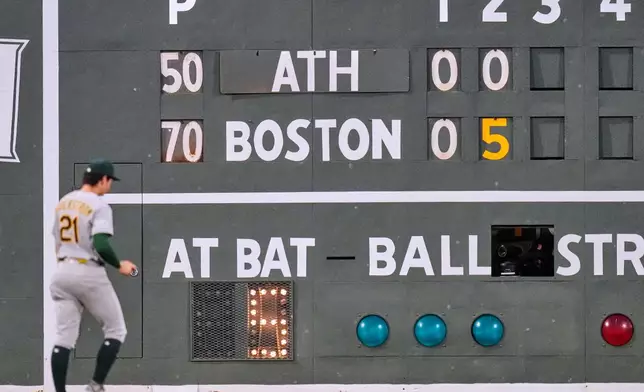 Athletics' Tyler Soderstrom (21) heads back to his position during a rough inning agains the Boston Red Sox's during a baseball game, Friday, Aug. 7, 2026, in Boston. (AP Photo/Charles Krupa)