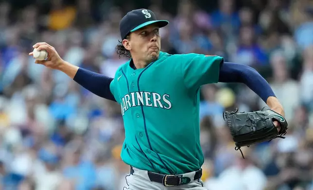 Seattle Mariners' Logan Gilbert pitches during the first inning of a baseball game against the Milwaukee Brewers, Wednesday, Aug. 19, 2026, in Milwaukee. (AP Photo/Aaron Gash)