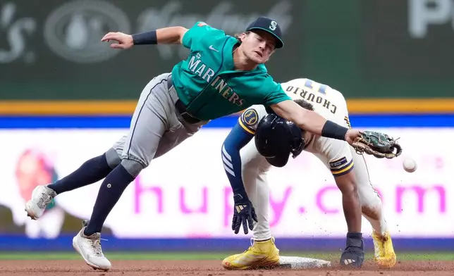 Milwaukee Brewers' Jackson Chourio steals second base as Seattle Mariners' Brock Rodden attempts to catch the ball during the fifth inning of a baseball game Wednesday, Aug. 19, 2026, in Milwaukee. (AP Photo/Aaron Gash)