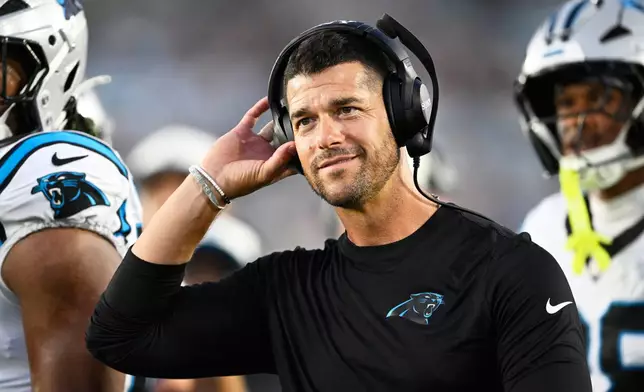 Carolina Panthers head coach Dave Canales watches during the first half of an NFL preseason football game against the Jacksonville Jaguars, Friday, Aug. 21, 2026, in Jacksonville, Fla. (AP Photo/Phelan M. Ebenhack)