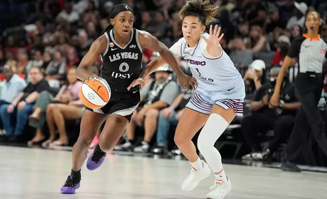 Las Vegas Aces guard Jackie Young (0) drives against Toronto Tempo guard Kiki Rice (1) during the second half of a WNBA basketball game Friday, Aug. 28, 2026, in Las Vegas. (AP Photo/John Locher)
