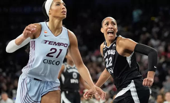 Las Vegas Aces center A'ja Wilson (22) celebrates after a play against the Toronto Tempo during the second half of a WNBA basketball game Friday, Aug. 28, 2026, in Las Vegas. (AP Photo/John Locher)