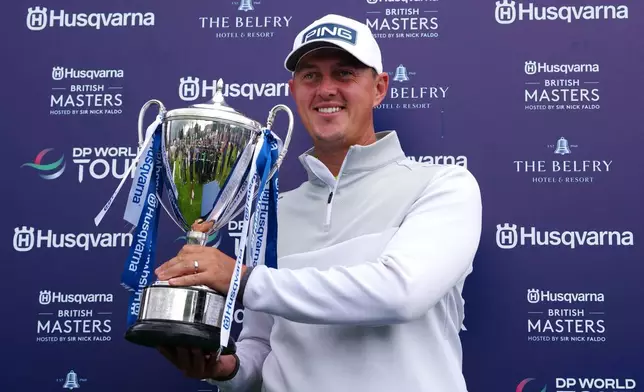 Winner Joe Dean of England poses with the trophy on day four of the British Masters at The Belfry Hotel & Resort, Sutton Coldfield, England, Sunday Aug. 30, 2026. (Bradley Collyer/PA via AP)