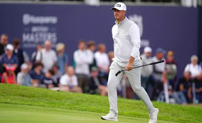 Joe Dean of England on the 18th hole during day four of the British Masters at The Belfry Hotel & Resort, Sutton Coldfield, England, Sunday Aug. 30, 2026. (Bradley Collyer/PA via AP)