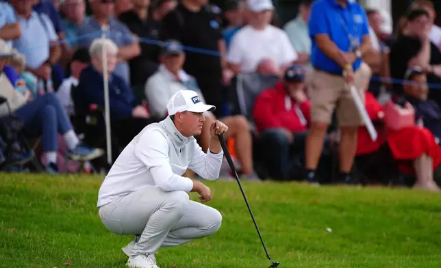 Joe Dean of England on the 18th hole during day four of the British Masters at The Belfry Hotel & Resort, Sutton Coldfield, England, Sunday Aug. 30, 2026. (Bradley Collyer/PA via AP)