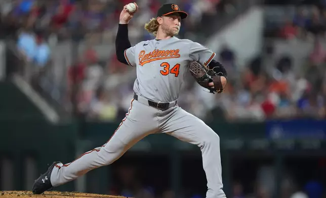 Baltimore Orioles starting pitcher Shane Baz throws during the first inning of a baseball game against the Texas Rangers, Friday, Aug. 7, 2026, in Arlington, Texas. (AP Photo/LM Otero)
