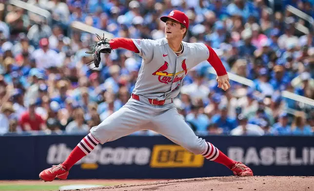 St. Louis Cardinals' Quinn Mathews (60) works against the Toronto Blue Jays during the first inning of a baseball game in Toronto, Saturday, Aug. 1, 2026. (Sammy Kogan/The Canadian Press via AP)