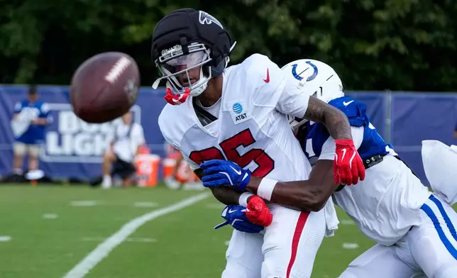 Indianapolis Colts cornerback Mekhi Rodgers (36) breaks up a pass to Atlanta Falcons wide receiver Keelan Marion (85) during a joint practice at the Colts' NFL football training camp in Westfield, Ind., Wednesday, Aug. 19, 2026. (AP Photo/Michael Conroy)