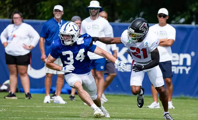Indianapolis Colts wide receiver Ben Nikkel (34) works against Atlanta Falcons cornerback Mike Hughes (21) during a joint practice at the team's NFL football training camp in Westfield, Ind., Wednesday, Aug. 19, 2026. (AP Photo/Michael Conroy)